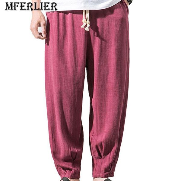 

loose summer autumn men pants cotton linen 5xl elastic waist 4 colors men's, Black
