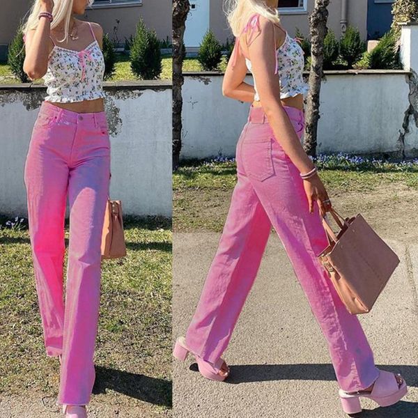 

women's jeans women vintage high waisted harajuku bright solid color full length denim pants straight leg loose long trousers streetwea, Blue