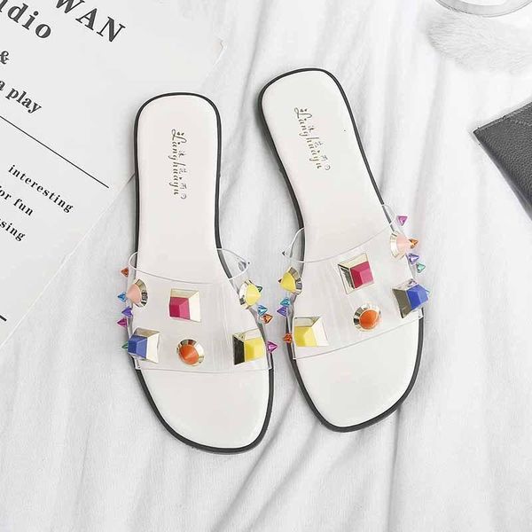

sandals big size rivets transparent women candy color pointed studded slippers japanned leather flip flops slides 346 hsg3, Black