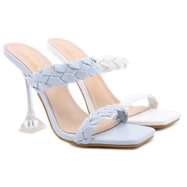 

slippers weave sandals with knitting hollow out high-heeled stiletto squared toe women party wedding fashion shoes, Black