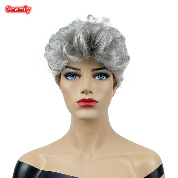 

synthetic wigs onemily gray short curly wavy women natural hair with bangs, Black