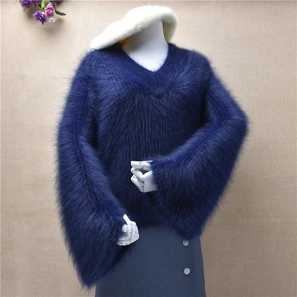 

autumn winter warm female woman short style crop fuzzy mink cashmere long flare sleeves v-neck pullover angora fur jumper women's sweat, White;black