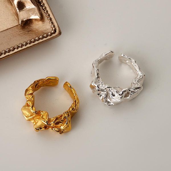 

cluster rings mlkenly fold texture 925 sterling silver ring concave and convex open tin foil surface mid finger irregular statement, Golden;silver