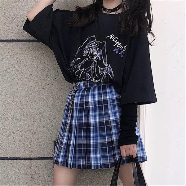 

[two women skirts piece suit] japanese anime casual style girl print long sleeved t shirt pleated skirt single set drop, Black
