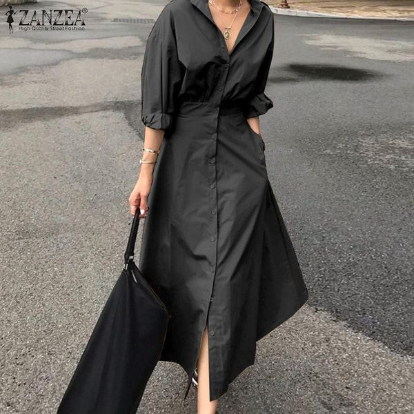 

casual dresses zanzea solid lapel vestidos women elegant maxi shirt dress 2021 fashion female a line robe long sleeve oversized, Black;gray