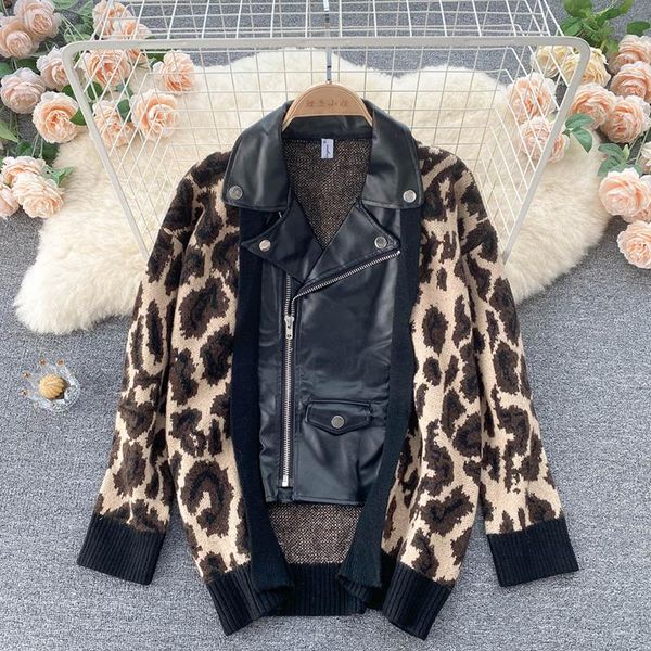 

women's jackets [ewq]korea chic women autumn winter leopard loose sweater stitched short lapel pu leather fake two-piece jacket coat 20, Black;brown