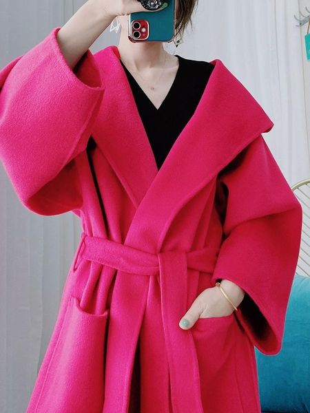 

women's wool & blends rouge powder hooded double-sided cashmere coat long style autumn winter korean lace loose, Black