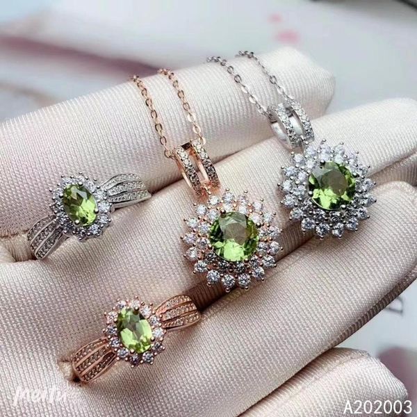 

fine jewelry 925 sterling silver inlaid natural peridot female ring pendant set luxury support detection bracelet, earrings & necklace, Black