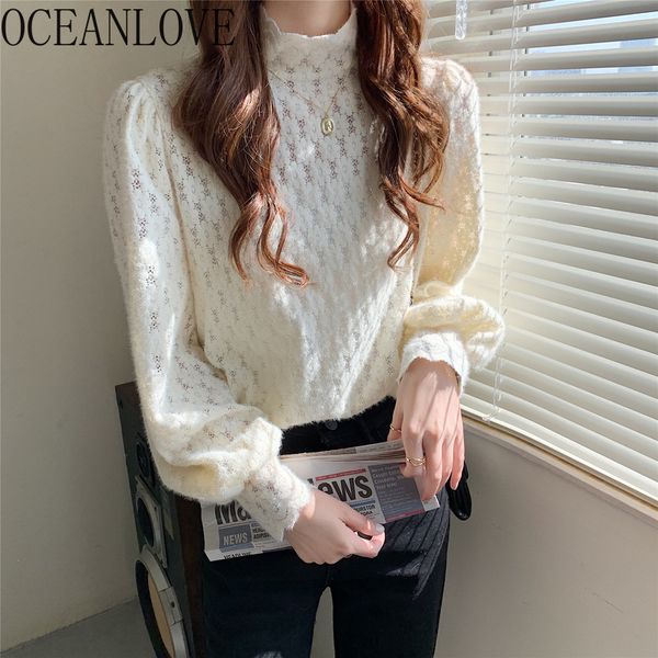 

lace blouses solid stand collar spring autumn elegant korean chic women shirts sweet office ladies blusas 19678 210415, White