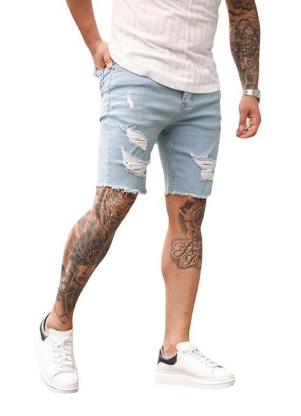 

men's jeans summer casual short fashion holes slim pencil pants washed jogging straight tube european and american, Blue