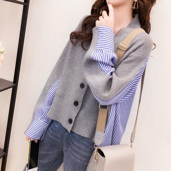

women's knits & tees woman sweaters v-neck striped shirt spliced cardigan 2021 spring autumn single breasted cotton korean chic casual, White