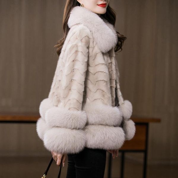 

women's fur & faux fashion collar mink coat korean 2021 haining, Black