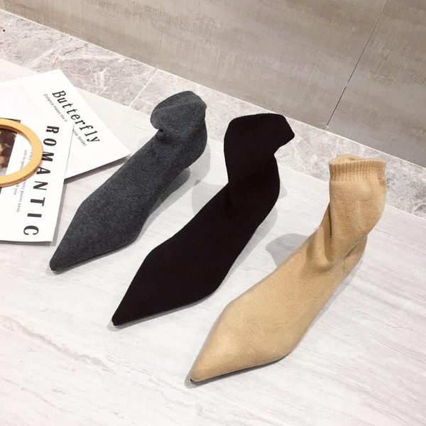 

boots fashion sock for woman pointed toe knitting ankle elastic slip on casual lowed heeled autumn dress shoes, Black