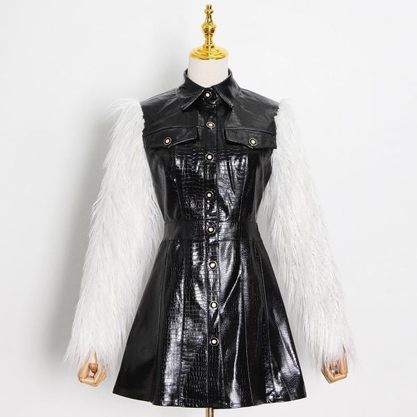

casual dresses [ewq] 2021 spring sheep hair feather long sleeve stitching pu leather trend ladies black dress women queen party, Black;gray