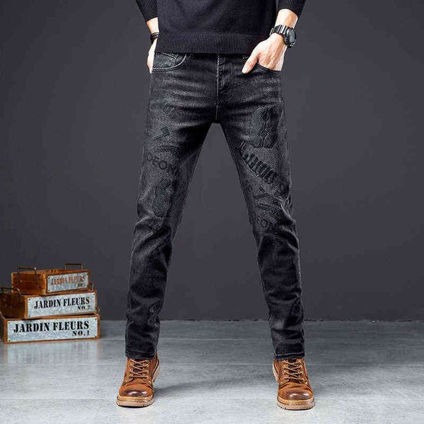 

men's jeans 2021 autumn and winter korean black jeans elastic slim fit small foot youth leisure personalized embroidered men's pan, Blue