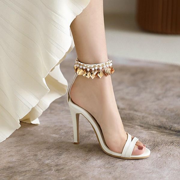 

sandals women gladiator shoes white string bead high heels summer party dress buckles pumps size 33-43, Black