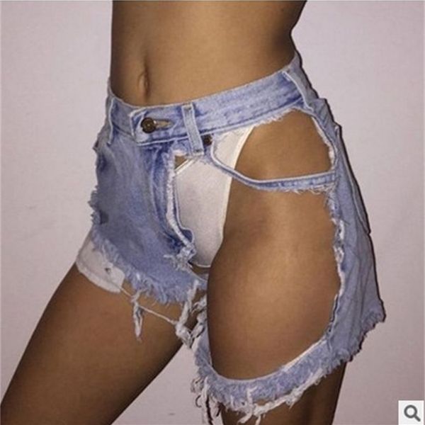 

fashion a pair of jeans big hole beggar shorts woman, Blue