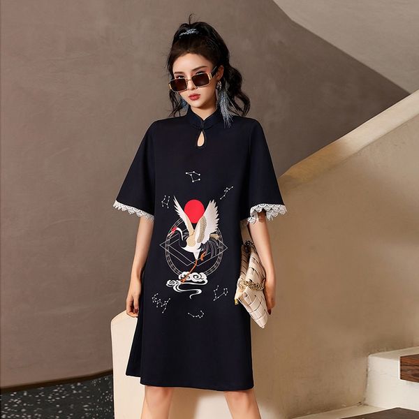 

traditional chinese hanfu qi pao women retro cheongsam girl japanese harajuku style vintage crane print party qipao dress 11966, Red