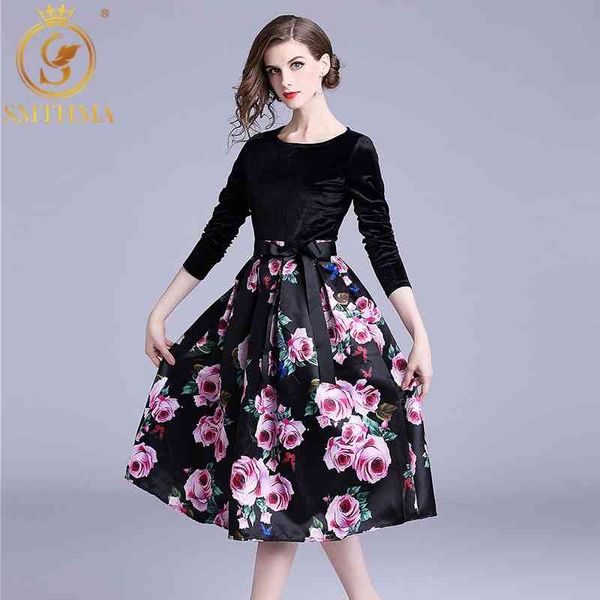 

arrival runway vintage gold velvet print stitching dress women's long sleeve gorgeous winter chic dresses 210520, Black;gray