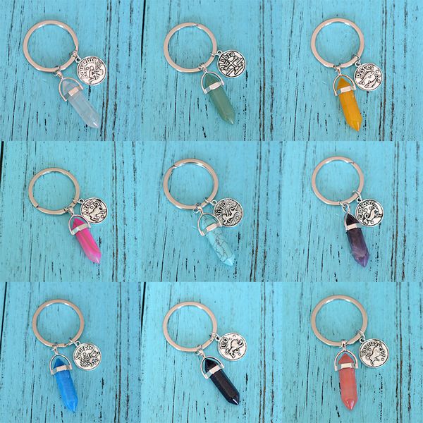 

12 constellation natural stone keychain spirit placed hexagonal pillar lucky stones key ring multi-color optional crystal keychains, Silver