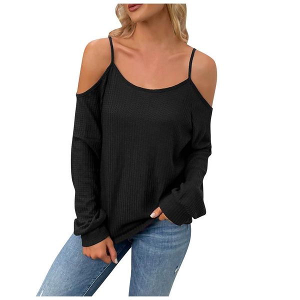 

women's t-shirt oversize daily woman lady clothing fashion casual solid color loose long-sleeved one-shoulder sling top, White