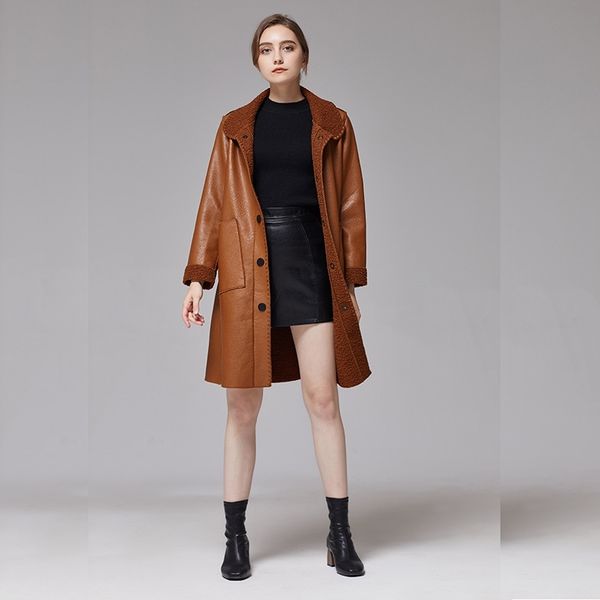 

autumn and winter new fur women's coat medium long pu korean slim windbreaker women, Black