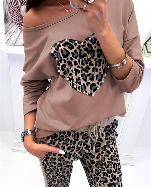 

spring fashion casual two womens tracksuits piece set leisure suits leopard print heart design beaded amp pants, Gray
