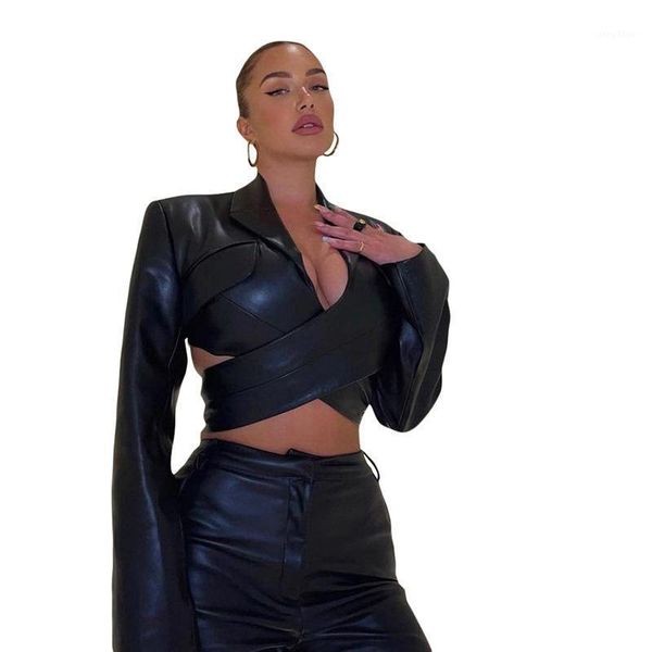 

women's jackets bandage black pu leather women long sleeve cropped 2021 autumn fashion streetwear v-neck coat ladies outerwear, Black;brown