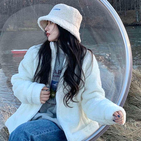 

3 colors autumn and winter korean style stand collar solid color lamb wool thick warm coats and jackets womens (c2956) 210423, Black;brown