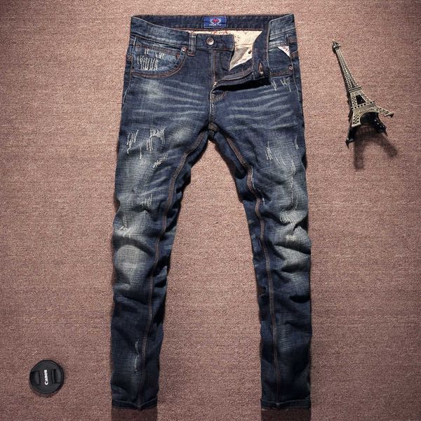 

men's jeans italian style fashion retro dark blue slim fit ripped men elastic denim pants vintage designer 9e4x xb85