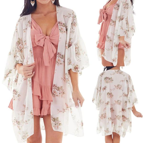 

women's swimwear printed cardigan flared sleeve chiffon shirt sunscreen kimono blouse shawl women summer swimsuit, White;black