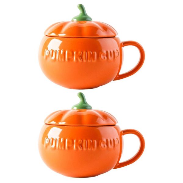 

cups & saucers 2 pcs pumpkin shaped ceramic oatmeal with lids (orange)