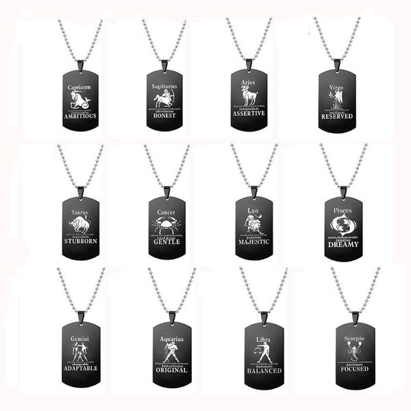 

zodiac symbol fish lion dog tag pendant necklace for men stainless steel horoscope female male jewelry birthday jewellery gift necklaces, Silver