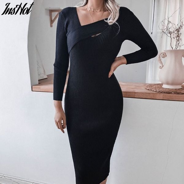 

v-neck knitted dress elegant high waist long sleeve dress casual office ladies autumn winter sweater bodycon dress 210514, Black;gray