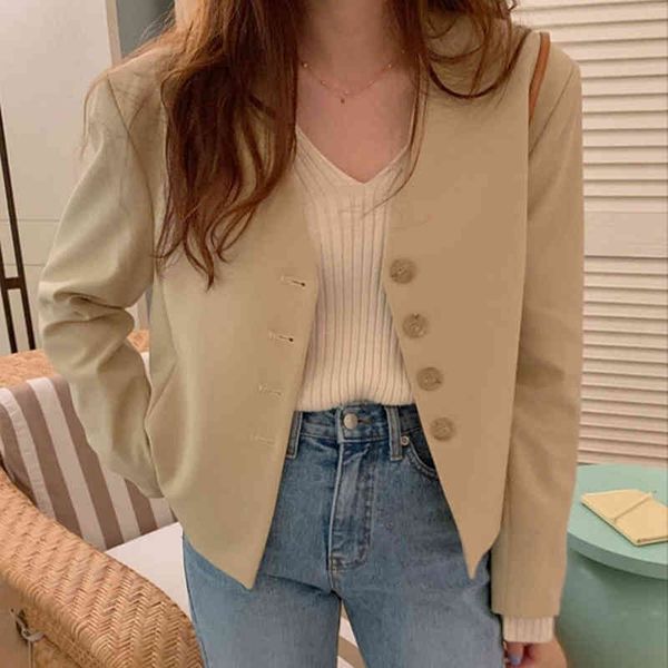 

comelkorean women's blazer autumn v-neck single-breasted loose all-match solid color long sleeve suit coat 210515, White;black