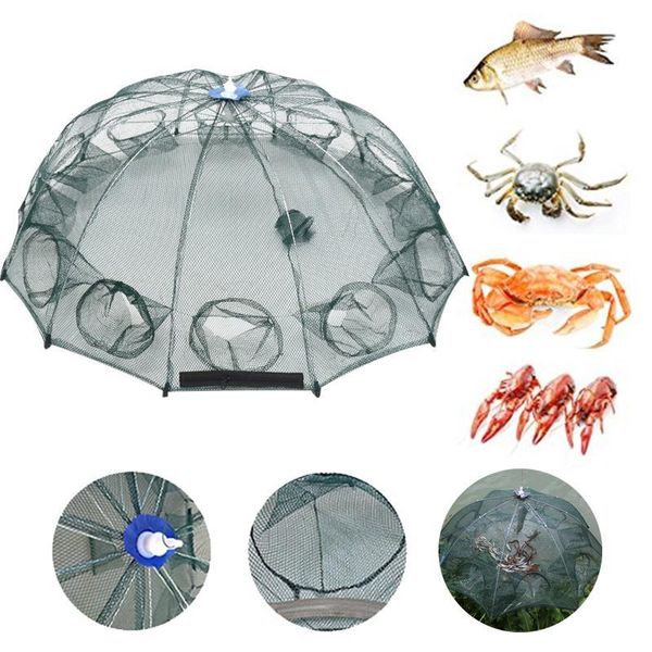 

4/6/8/12 holes automatic folded fishing shrimp cage portable hexagon net umbrella type crab fish trap cast catcher accessories