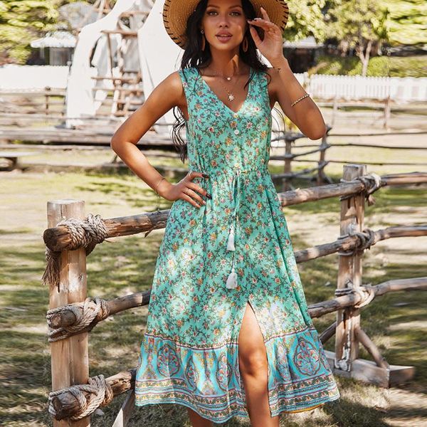

drawstring tank floral summer dress 2021 sleeveless boho beach elegant dresses women casual loose v-neck lady sundress midi robe women', White;black
