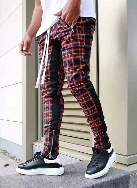 

pants trousers muscle fashion camouflage plaid slim contrast color small foot casual stretch trendy men, Black