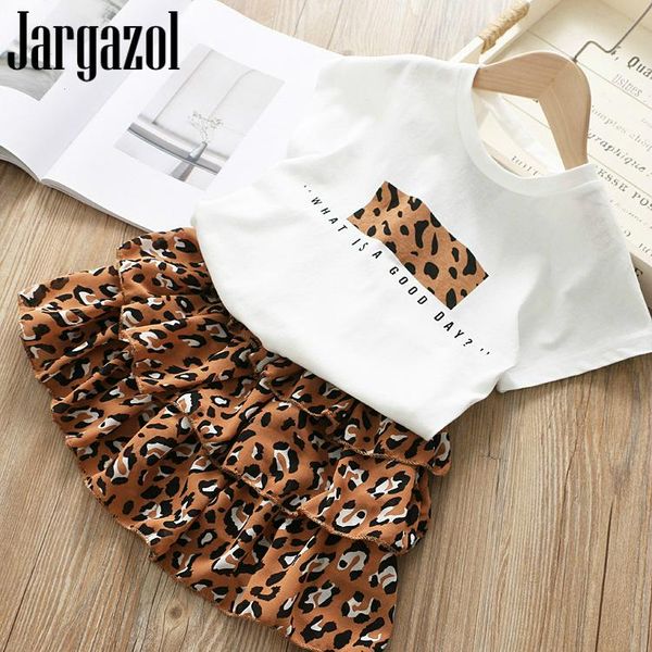 

clothing sets girl's summer clothes set short sleeve basic shirt and leopard cake skirt children 2 pcs suit kids wholesale, White