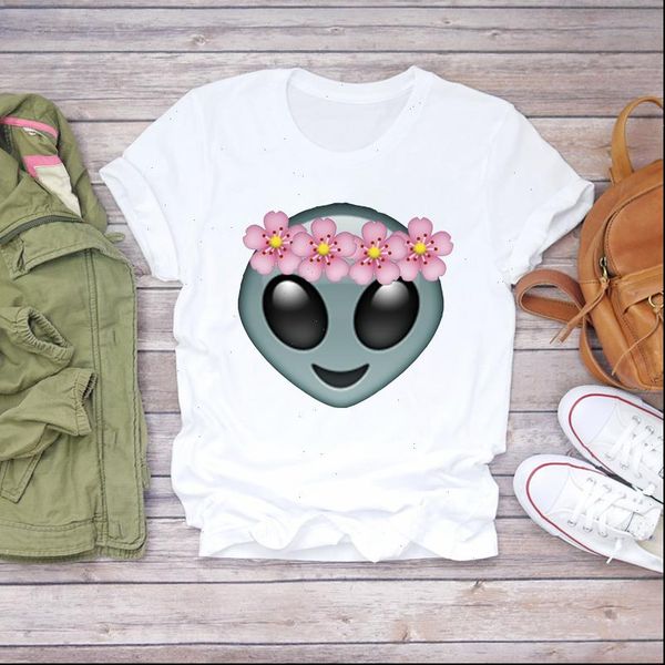 

women womens t shirts cute cartoon face flower kawaii 90s print summer shirt graphic female ladies tee, White