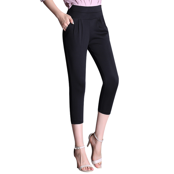 

high waist pants women stretch casual harem trousers elegant loose pleated plus size office ol women's & capris, Black;white