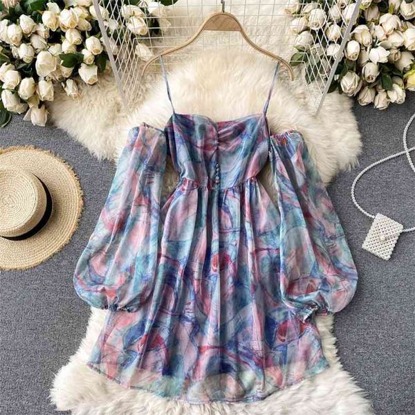

spring retro european and american vestidos female rendering printing v-neck open back puff sleeve mini dress c562 210506, Black;gray