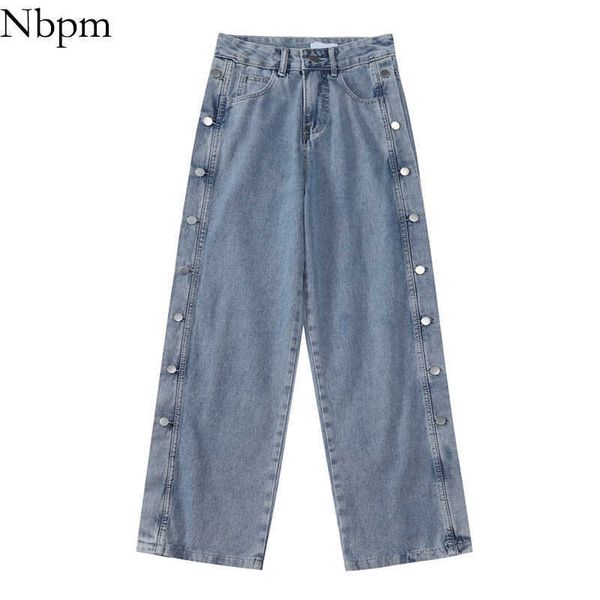 Nbpm Jeans a gamba larga con bottoni alla moda coreana Donna Jeans larghi a vita alta Streetwear Pantaloni in denim per ragazze Pantaloni Mujer 210529