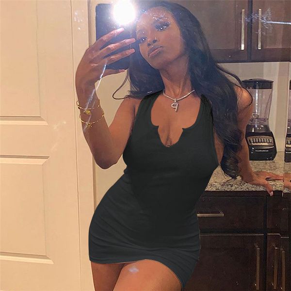 

boutique dress 2021 solid color sleeveless summer deep v one step, Black;gray