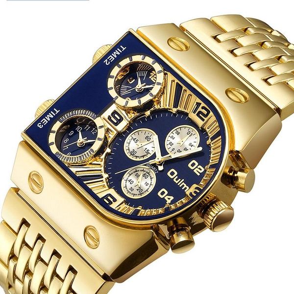 

wristwatches gold watch fashion military three time zone calendar steel band motion quartz, Slivery;brown