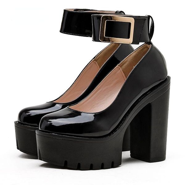 

dress shoes fashion metal decoration black for women high heels catwalk patent leather ankle strap pumps chunky platform