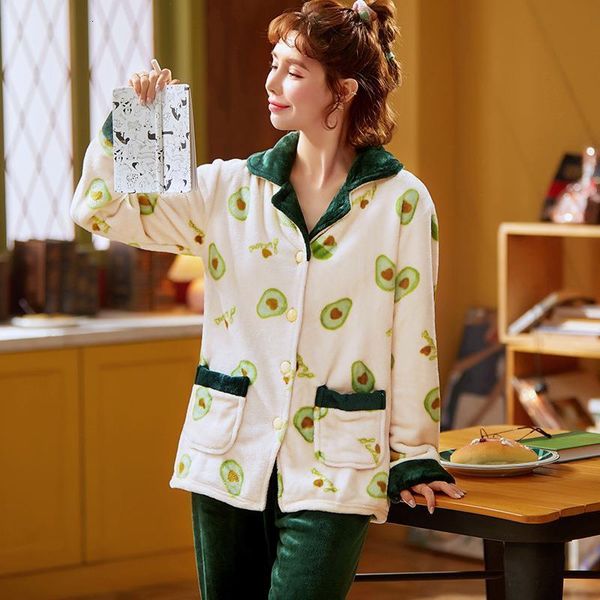 

women's sleepwear winter sweet flannel pajamas set women cartoon pajama button full sleeve shirt pant thick warm homewear k1sf, Black;red