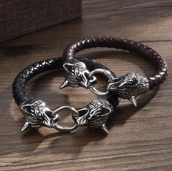 

viking wolf head rope chain double wolf head bite ring bracelet for men viking amulet bracelet jewelry gift, Black