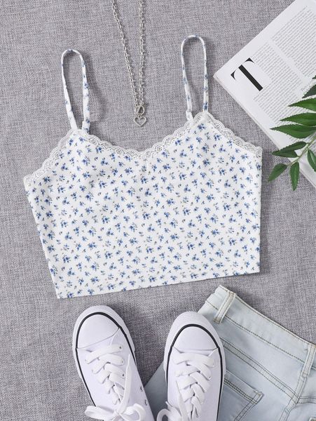

lace trim ditsy floral cami h2d8#, White