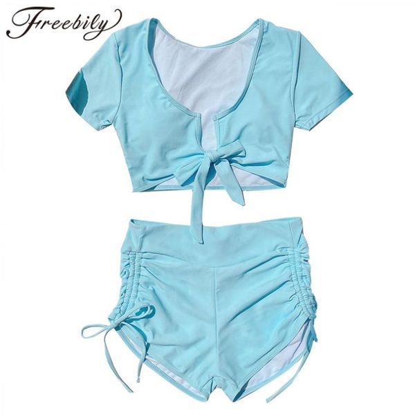 

2pcs bikini set beach swimwear bathing suits womens u neck low cut short sleeve swimming high waist boy shorts two-piece